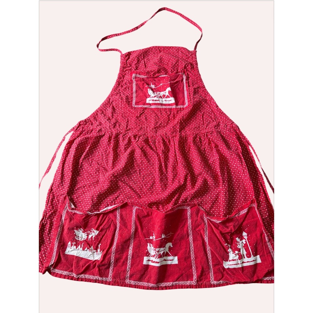 Vintage Homemade Christmas Apron Red Scandinavian Folk Art Holiday Kitchen